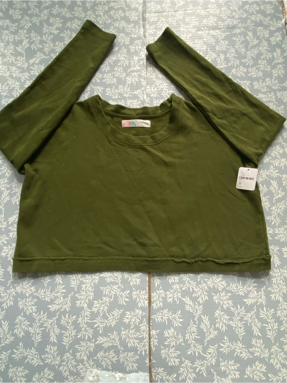 Free People Olive Green Crew Neck Cropped Sweater